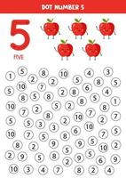 trouver et point nombre cinq. apprentissage nombre 5 avec mignonne rouge pommes. éducatif feuille de travail. vecteur