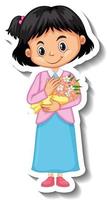 une fille tenant un autocollant de personnage de dessin animé de bouquet de fleurs vecteur