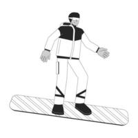snowboarder Masculin Latin américain noir et blanc 2d ligne dessin animé personnage. hispanique homme portant chaud Vêtements isolé vecteur contour personne. planche a neige vacances monochromatique plat place illustration