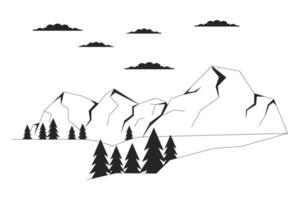 enneigé Montagne entouré par à feuilles persistantes noir et blanc dessin animé plat illustration. pin des arbres l'hiver 2d lineart paysage isolé. hiver pays des merveilles monochrome scène vecteur contour image