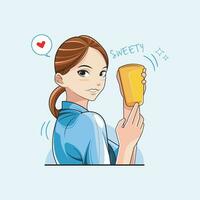 content temps. Jeune femme montrant du froid boissons. vecteur illustration