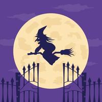 joyeux halloween bannière ou concept de carte de voeux avec sorcière volant au-dessus de la lune. vecteur