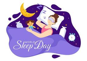 monde sommeil journée vecteur illustration sur Mars 17 avec gens dormant, des nuages, planète Terre et le lune dans ciel arrière-plans plat dessin animé conception