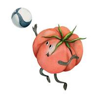 main tiré aquarelle mignonne tomate personnage en jouant volley-ball bloquer servir entraine toi. aptitude santé. illustration isolé composition, blanc Contexte. conception pour affiche, imprimer, site Internet, carte, Gym vecteur