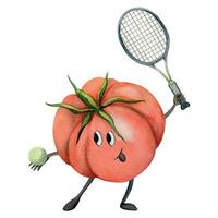 main tiré aquarelle mignonne tomate personnage en jouant tennis avec raquette et balle. aptitude santé entraine toi. illustration isolé composition, blanc Contexte. conception affiche imprimer, site Internet, carte, Gym vecteur