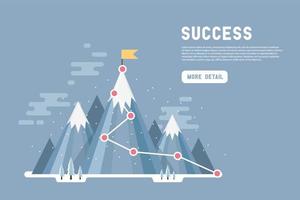 infographie de concept de réussite d'objectif commercial. drapeau au sommet de la montagne enneigée. vecteur