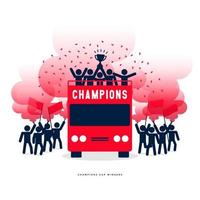 Stick figures de la célébration des champions de football ou de football de la coupe gagnante sur les bus à toit ouvert avec une fusée de fumée rouge. vecteur