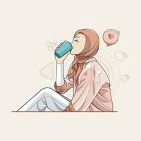 en bonne santé boire. une Jeune femme dans hijab profiter une Frais aromatisé aux fruits boire. vecteur illustration
