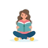 femme lisant un livre en position assise. concept de journée d'apprentissage et d'alphabétisation. illustration vectorielle mignon dans un style cartoon plat vecteur