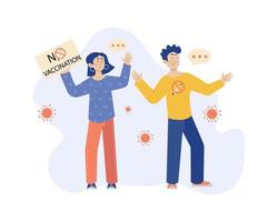 protester contre l'illustration du concept de vecteur de vaccination. style cartoon illustration plat. homme et femme protestent contre le vaccin et la vaccination.