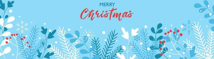 hiver bannière joyeux Noël, avec hiver brindilles et baies sur une bleu Contexte. vecteur