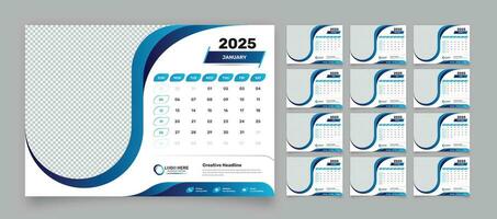 minimaliste foncé bleu bureau programme modèle ensemble pour 2025 avec précis Date format et abstrait formes vecteur