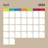 calendrier page pour avril 2024, mur planificateur avec coloré conception. la semaine départs sur lundi. vecteur