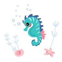 mignonne hippocampe, coquille et étoile de mer sous-marin. vecteur illustration de Marin la vie