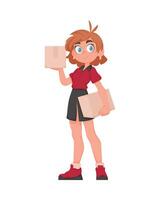 souriant livraison femme dans rouge uniforme en portant une papier boîte. mignonne fille livrer des biens dans vecteur dessin animé style.