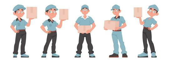 ensemble de 5 adorable Masculin courrier personnages en portant paquets. livraison Hommes dans bleu uniformes. Express livraison un service concept dans dessin animé style. vecteur