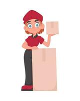 souriant livraison femme dans rouge uniforme en portant une papier boîte. mignonne fille livrer des biens dans vecteur dessin animé style.