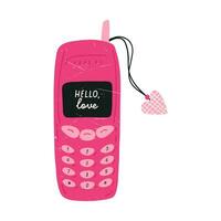 vieux bouton mobile téléphone, dessin animé plat vecteur illustration avec grunge texture, isolé sur blanc Contexte. rétro y2k téléphone. rose mobile appareil, symbole de l'amour et valentines journée.