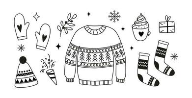 hiver vêtements et essentiel - linéaire clipart. arrêtez-vous, chaussettes, Mitaines, chapeau. contour griffonnages, Icônes, esquisser. Noël vacances. coloration livre. vecteur