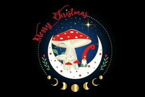 la magie gnome dans le mystique les bois de champignons sur croissant lune et étoiles. Noël concept symbole, sorcier ésotérique champignon et lune étapes. magique jardin troll Fée conte personnage. vecteur isolé