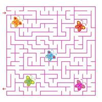 un labyrinthe carré. ramasser tous les papillons et trouver un moyen de sortir du labyrinthe. illustration vectorielle simple plat isolé. vecteur