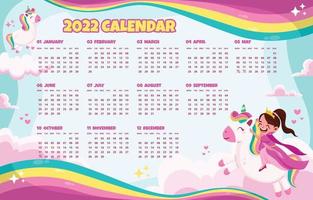 Modèle de calendrier 2022 avec une jolie petite fille colorée et une licorne vecteur