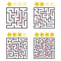 un labyrinthe carré avec une entrée et une sortie. un ensemble de quatre options de simple à complexe. évalué par les étoiles mignonnes. illustration vectorielle isolée sur fond blanc. avec la réponse. vecteur