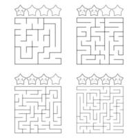 un labyrinthe carré avec une entrée et une sortie. un ensemble de quatre options de simple à complexe. avec une note d'étoiles de dessins animés mignons. illustration vectorielle isolée sur fond blanc. vecteur