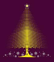 sapin arbre avec minivaliste Noël lumières. violet Contexte avec Jaune des balles et blanc étoile, dans le Contexte flocons de neige chute sur le décoratif arbre vecteur