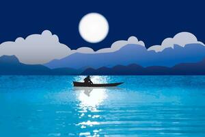 abstrait silhouette les pêcheurs sur le bateau à le Lac avec bleu montagne et plein lune sur ciel Contexte. vecteur