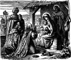 adoration de le mages - le sage Hommes présent cadeaux à Jésus ancien illustration. vecteur
