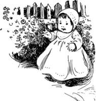 bébé permanent dans une jardin, ancien gravure. vecteur