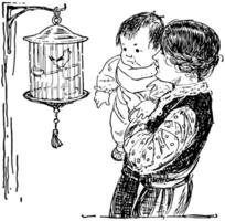 mère en portant enfant à Regardez à oiseau dans cage ancien illustration. vecteur