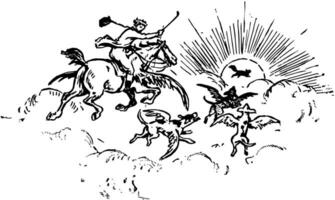 en volant cheval et chiens, ancien illustration. vecteur