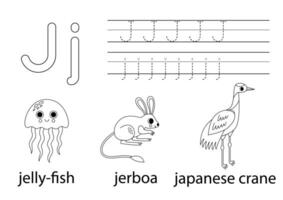 trace majuscule et minuscule lettre J. animal alphabet pour enfants. vecteur
