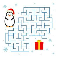 Jeu Noël Labyrinthe. vecteur Labyrinthe avec manchot et cadeau pour enfants éducation. Aidez-moi le manchot dans une Père Noël chapeau trouver le sien façon à le cadeau. plat conception