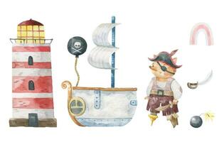 pirate collection. Renard pirate avec une épée et une pirate bateau. dessiné à la main rouge phare. mignonne bébé main tiré illustration sur isolé Contexte vecteur