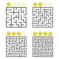 un labyrinthe carré avec une entrée et une sortie. un ensemble de quatre options de simple à complexe. avec une note d'étoiles de dessins animés mignons. illustration vectorielle isolée sur fond blanc. vecteur