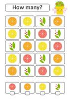 jeu pour les enfants d'âge préscolaire. comptez autant de fruits sur l'image et notez le résultat. avec une place pour les réponses. illustration vectorielle simple plat isolé. vecteur