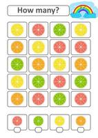 jeu pour les enfants d'âge préscolaire. comptez autant de fruits sur l'image et notez le résultat. citron, citron vert, orange, pamplemousse. avec une place pour les réponses. illustration vectorielle simple plat isolé. vecteur