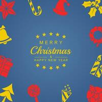 bleu Noël salutation carte, avec divers Noël ornements tel comme étoiles, cadeaux, des arbres, Père Noël Chapeaux, bougies. vecteur conception pour bannière, affiche, social médias promotion, la toile.