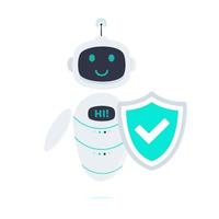 robot chatbot icône signe plat style design vector illustration isolé sur fond blanc. mignon ai bot helper mascotte personnage symbole concept assistant commercial avec bouclier de protection.