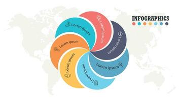 circulaire infographie étape par étape avec coloré sections. plat arrondi, tordu tarte graphique avec sept pas, choix, les pièces, processus. vecteur cercle modèle dans crème et orange.