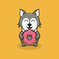 mignonne Loup en mangeant Donut dessin animé illustration vecteur