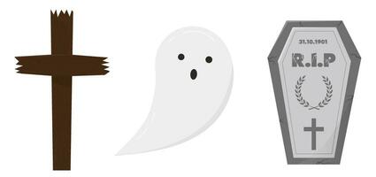 Halloween le fantôme de une pierre tombale et une traverser. éléments de le cimetière. Halloween nuit. vecteur illustration