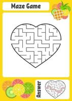 labyrinthe en forme de coeur. feuilles de travail pour enfants. page d'activité. puzzle de jeu pour les enfants. fruits tropicaux appétissants. énigme du labyrinthe. illustration vectorielle. avec réponse. vecteur