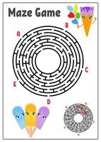 labyrinthe rond abstrait. feuilles de travail pour enfants. puzzle de jeu pour les enfants. crème glacée drôle sur fond blanc. une entrée, une sortie. énigme du labyrinthe. illustration vectorielle. avec la réponse. vecteur