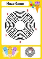 labyrinthe rond abstrait. feuilles de travail pour enfants. puzzle de jeu pour les enfants. glace de dessin animé mignon. une entrée, une sortie. énigme du labyrinthe. illustration vectorielle. avec réponse. vecteur