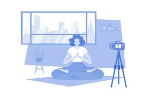 femme tirant le tutoriel vidéo de yoga vecteur