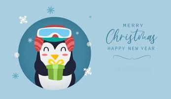 joyeux noël et bonne année carte de voeux avec dessin animé mignon pingouin et boîte-cadeau dans un style plat moderne. illustration vectorielle vecteur